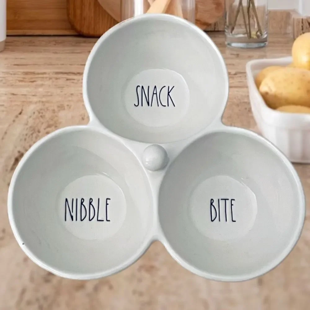 NWT Gorgeous Rae Dunn white Ceramic set of 3 attached bowls SNACK BITE NIBBLE